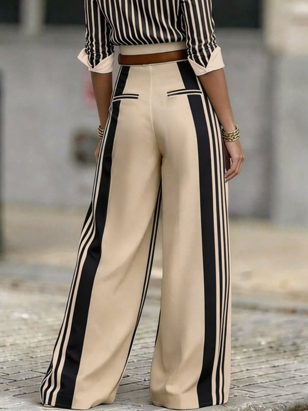 Khaki Elegant Women's French Style Side Stripe Wide-Leg Pants - Picture 2 of 2